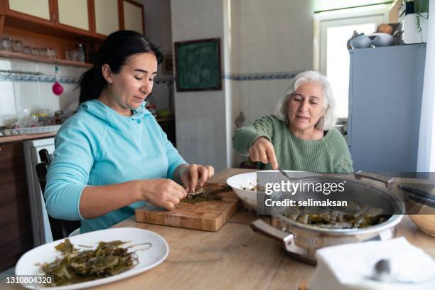 femme aîné et fille adulte mûre préparant la nourriture turque dans la cuisine domestique - accompagnement photos et images de collection