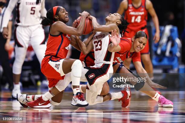 Aari McDonald of the Arizona Wildcats steals the ball from Kiana Williams of the Stanford Cardinal in the National Championship game of the 2021 NCAA...