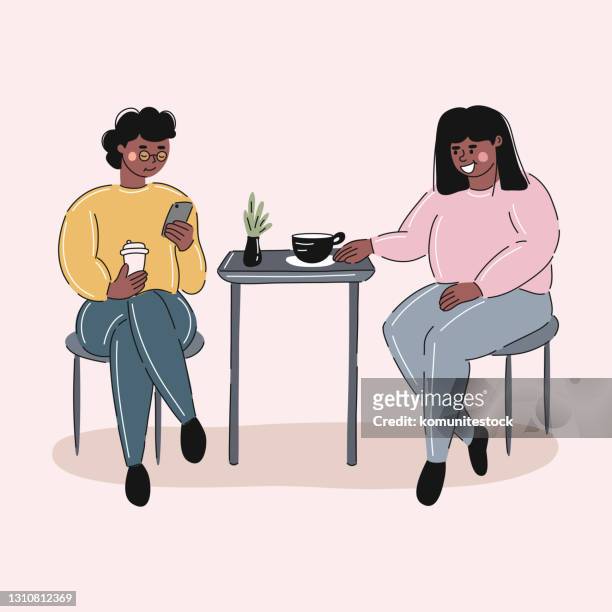 two girls drink coffee, cartoon style vector illustration - coffee drink illustration stock illustrations