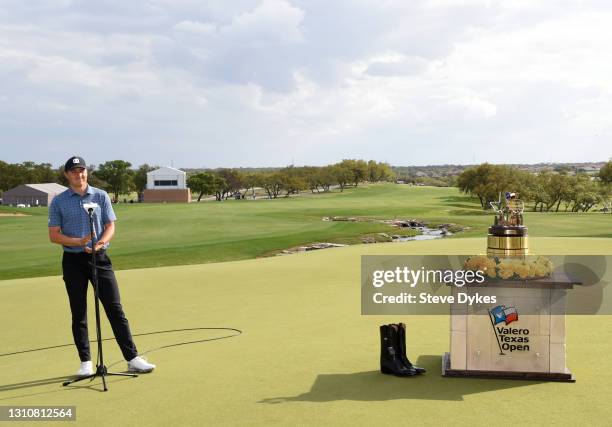 Jordan Spieth speaks to the media after putting in to win during the final round of Valero Texas Open at TPC San Antonio Oaks Course on April 04,...