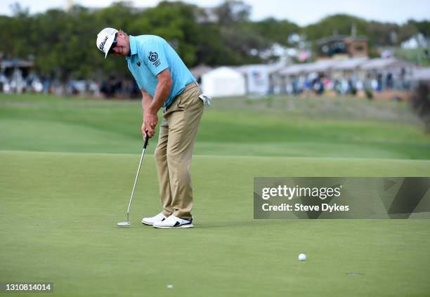Charley Hoffman putts on the 16th hole during the final round of Valero Texas Open at TPC San Antonio Oaks Course on April 04, 2021 in San Antonio,...