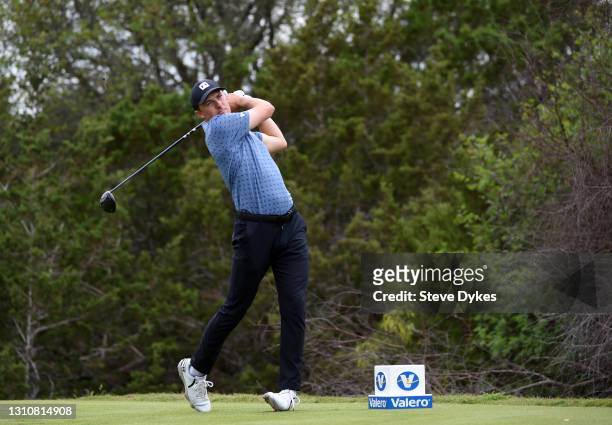Jordan Spieth plays his shot from the 15th tee during the final round of Valero Texas Open at TPC San Antonio Oaks Course on April 04, 2021 in San...