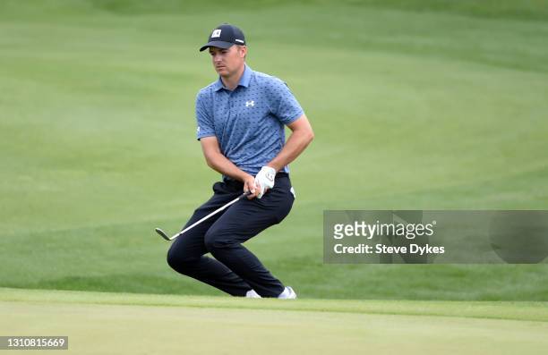 Jordan Spieth reacts to a missed chip in on the 15th hole during the final round of Valero Texas Open at TPC San Antonio Oaks Course on April 04,...
