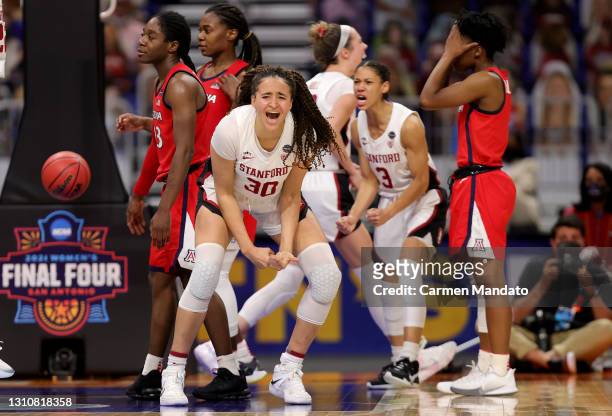 Haley Jones of the Stanford Cardinals celebrates a win against the Arizona Wildcats in the National Championship game of the 2021 NCAA Women's...