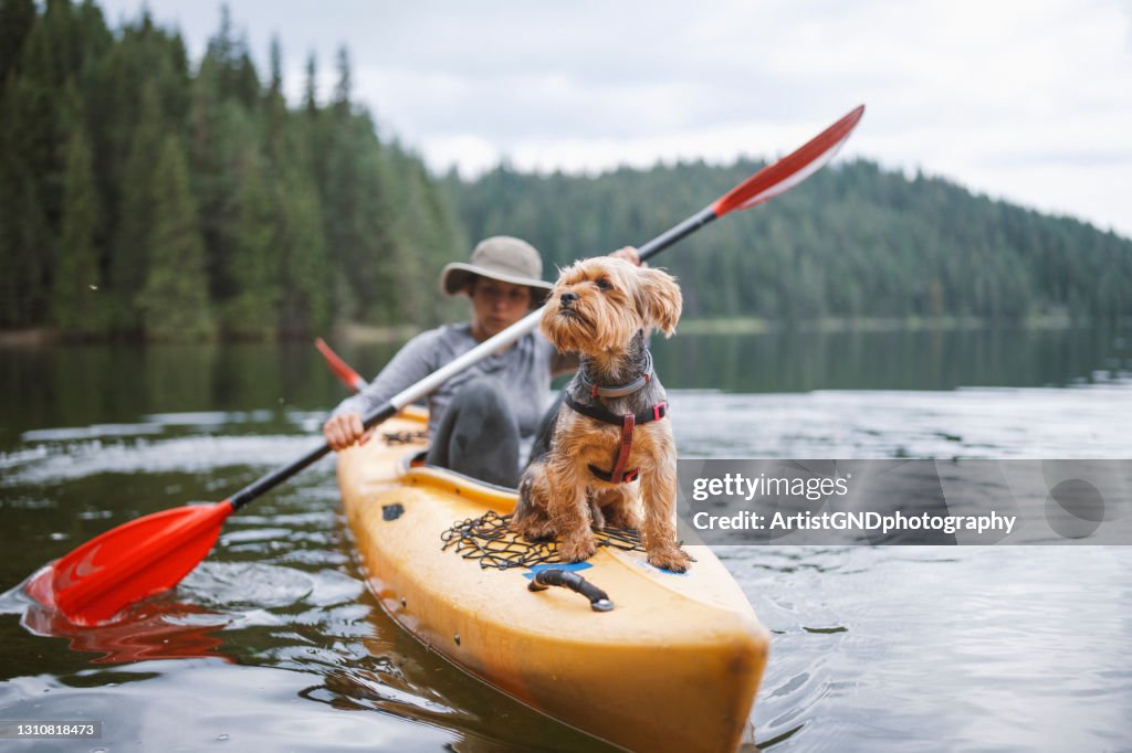 Young adventures woman kayaking and having fun with her little cute dog.