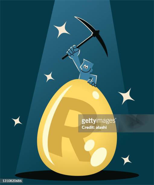 the smiling businessman is going to use a pickaxe to break up the big golden egg which has a south african rand currency sign on it in the spotlight - am rand stock illustrations
