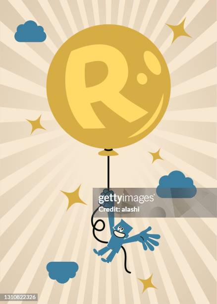 businessman holding a full balloon with south african rand currency sign and flying in the sky - am rand stock illustrations