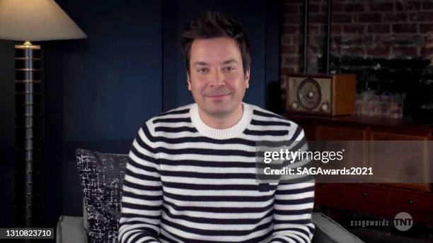 In this screengrab released on April 4 Jimmy Fallon speaks during the 27th Annual Screen Actors Guild Awards on April 04, 2021.