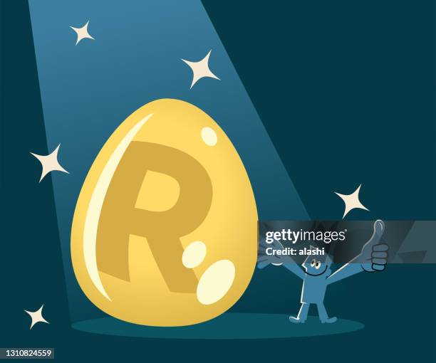 the smiling businessman is happy with the big golden egg which has a south african rand currency sign on it in the spotlight - am rand stock illustrations