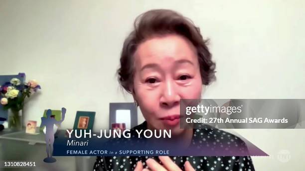 In this screengrab released on April 4 Yuh-Jung Youn, winner of Outstanding Performance by a Female Actor in a Supporting Role for "Minari", speaks...