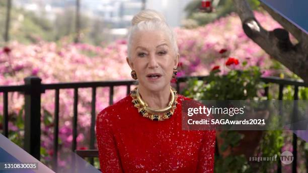 In this screengrab released on April 4 Helen Mirren speaks during the 27th Annual Screen Actors Guild Awards on April 04, 2021.