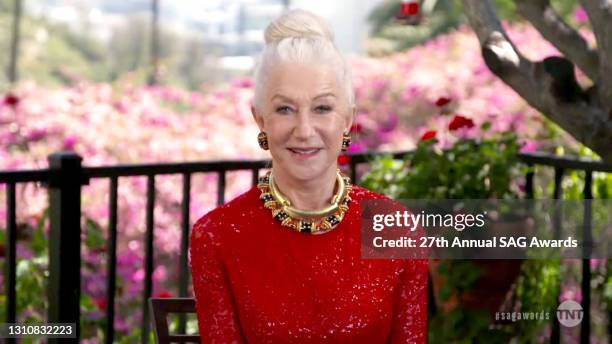 In this screengrab released on April 4 Helen Mirren speaks during the 27th Annual Screen Actors Guild Awards on April 04, 2021.