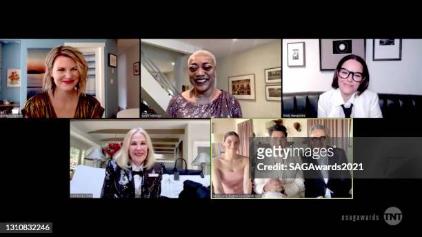 In this screengrab released on April 4 Jennifer Robertson, Karen Robinson, Emily Hampshire, Catherine O'Hara, Sarah Levy, Dan Levy, and Eugene Levy,...
