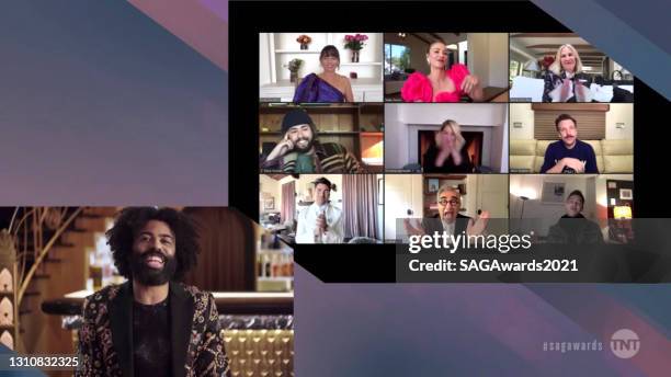 In this screengrab released on April 4 Daveed Diggs, Linda Cardellini, Kaley Cuoco, Catherine O'Hara, Ramy Youssef, Christina Applegate, Jason...