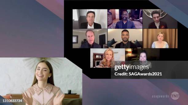 In this screengrab released on April 4 Lily Collins, Jason Bateman, Sterling K. Brown, Josh O'Connor, Bob Odenkirk, Regé-Jean Page, Emma Corrin,...