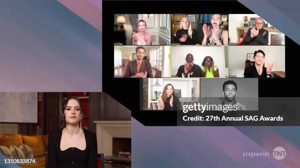 In this screengrab released on April 4 Daisy Ridley, Carey Mulligan, Vanessa Kirby, Gary Oldman, Riz Ahmed, Julius Tennon, Viola Davis, Steven Yeun,...