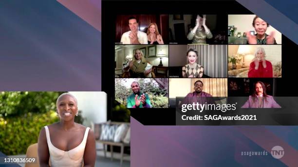 In this screengrab released on April 4 Cynthia Erivo, Sacha Baron Cohen, Isla Fisher, Olivia Colman, Yuh-Jung Youn, Helena Zengel, Maria Bakalova,...