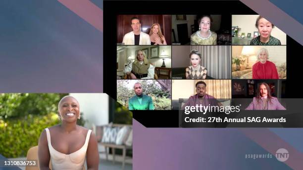 In this screengrab released on April 4 Cynthia Erivo, Sacha Baron Cohen, Isla Fisher, Olivia Colman, Yuh-Jung Youn, Helena Zengel, Maria Bakalova,...