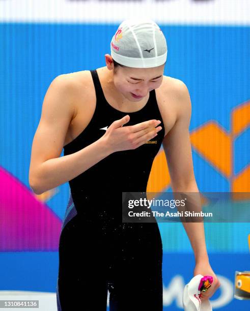 Rikako Ikee shows her emotion after winning the Women's 100m Butterfly to qualify for the Tokyo Olympics on day two of the 97th Japan Swimming...