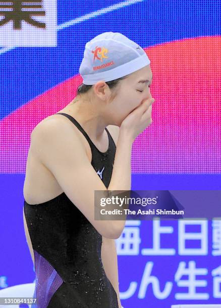 Rikako Ikee shows her emotion after winning the Women's 100m Butterfly to qualify for the Tokyo Olympics on day two of the 97th Japan Swimming...