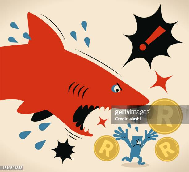 businessman with south african rand currency is getting attacked by a shark - am rand stock illustrations