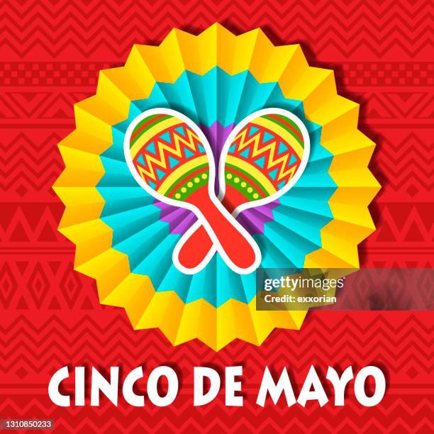 ilustraciones, imágenes clip art, dibujos animados e iconos de stock de cinco de mayo paper fan & maracas - aztec