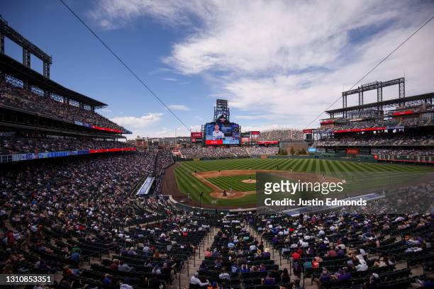 General view of the stadium in the fourth inning during a game between the Colorado Rockies and the Los Angeles Dodgers at Coors Field on April 4,...