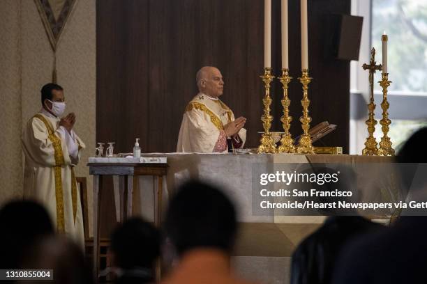 Archbishop Salvatore Cordileone speaks during an in-church Easter Mass celebration at Cathedral of Saint Mary of the Assumption in San Francisco,...