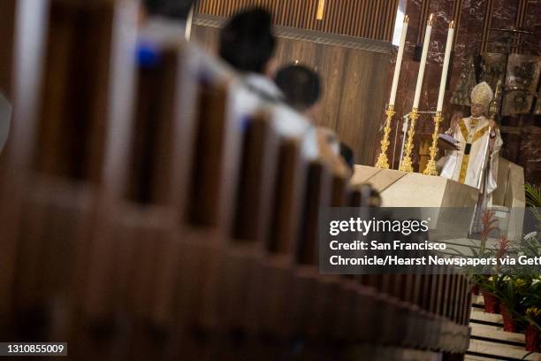 Archbishop Salvatore Cordileone speaks during an in-church Easter Mass celebration at Cathedral of Saint Mary of the Assumption in San Francisco,...