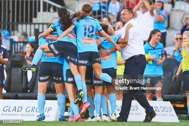 Ally Green of Sydney FC celebrates scoring a goal with team mates during the W-League Finals Series match between Sydney FC and Canberra United at...