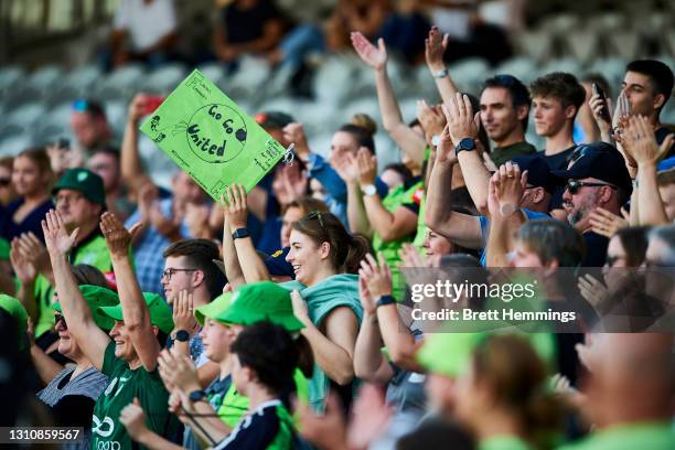 Canberra fans cheer during the W-League Finals Series match between Sydney FC and Canberra United at Netstrata Jubilee Stadium on April 05, 2021 in...