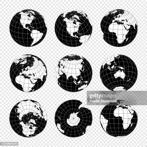 ilustrações de stock, clip art, desenhos animados e ícones de earth globe set from variant views with meridians and parallels. 3d vector illustration - representação do planeta terra