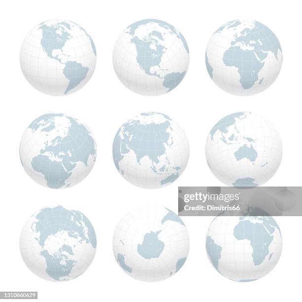 earth globe set from variant views with meridians and parallels. 3d vector illustration - longitude stock illustrations