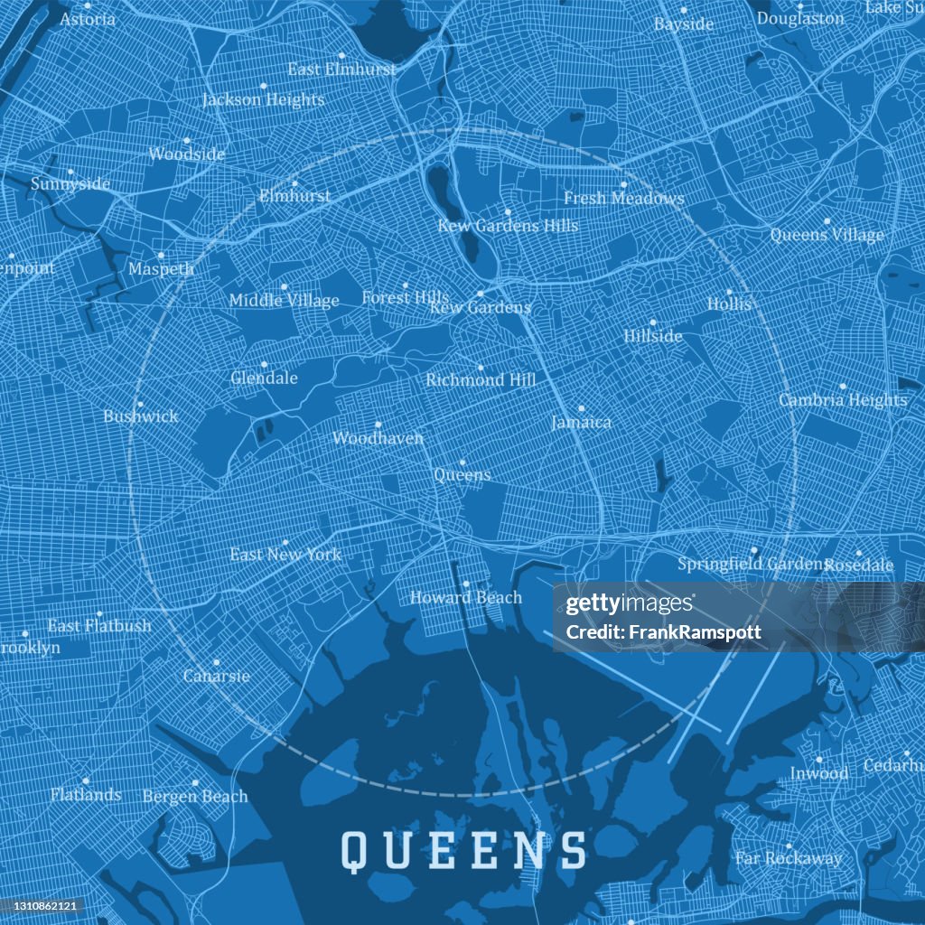 Queens NY City Vector Road Map Blue Text