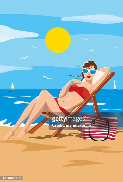 illustrations, cliparts, dessins animés et icônes de belle femme dans le bain de soleil de bikini - sac de plage