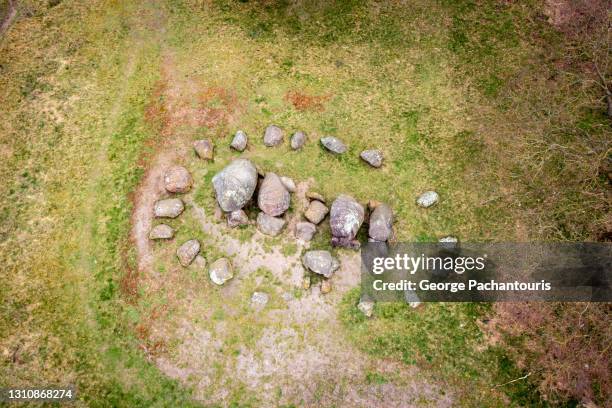 aerial photo of dolmen, megalithic tomb in drenthe province, holland - doelman stock pictures, royalty-free photos & images