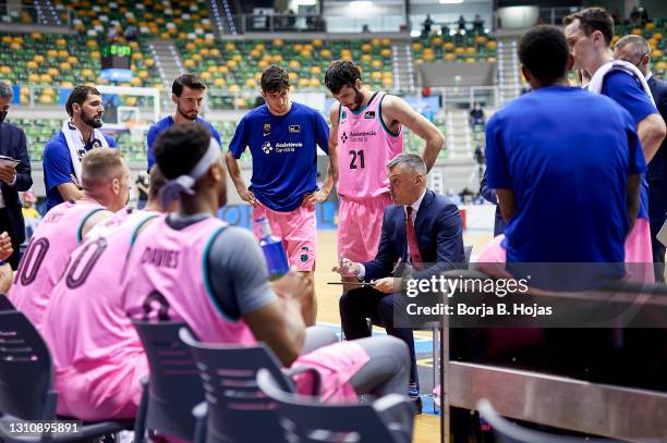 Coach Sarunas Jasikevicius of Barça during Liga Endesa match between Hereda San Pablo Burgos and Barça at Coliseum Burgos on April 04, 2021 in...