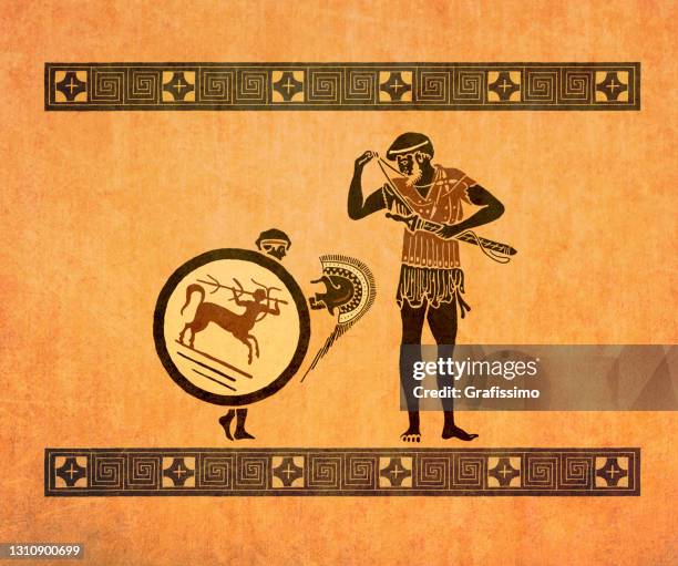 greek vase showing young soldier at military training in olympia greece - ancient olympia greece stock illustrations