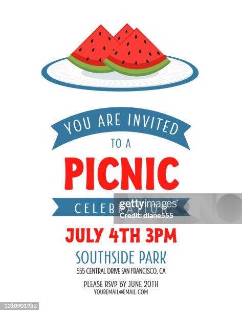 summer picnic invitation template - watermelon picnic stock illustrations