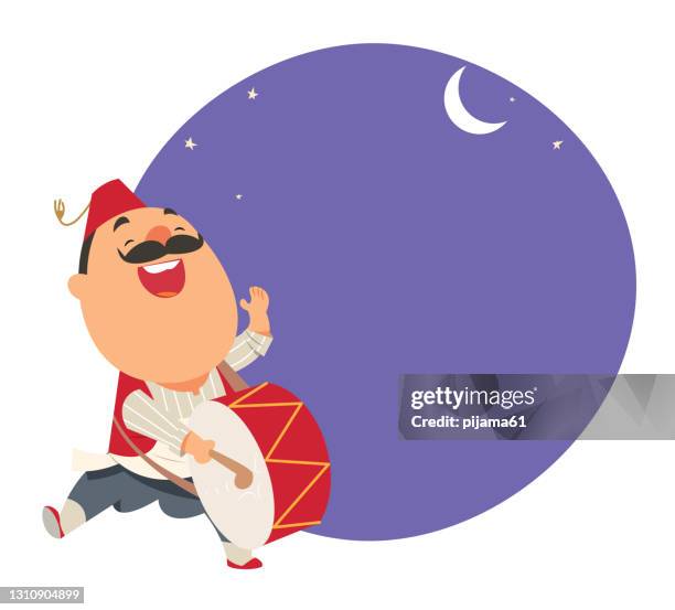 ramadan-schlagzeuger. fröhliche zeichentrickfigur - drummer stock-grafiken, -clipart, -cartoons und -symbole