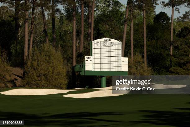 View of the empty leaderboard on the third hole during a practice round prior to the Masters at Augusta National Golf Club on April 05, 2021 in...