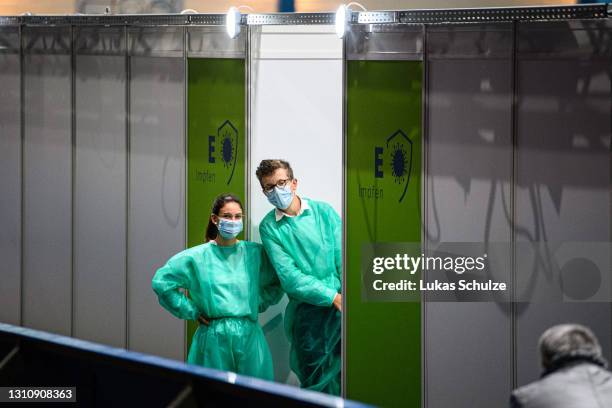 Medical staff is seen in the vaccination center ahead of the visit of Armin Laschet, Premier of North Rhine-Westphalia and leader of the German...