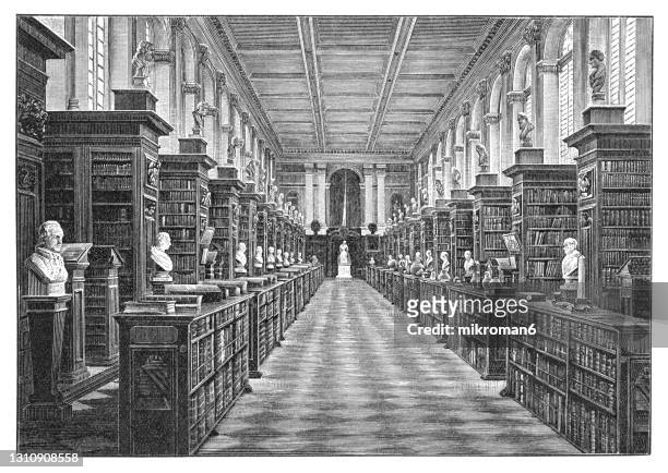 old engraved illustration of library of trinity college cambridge, england - trinity college stock pictures, royalty-free photos & images