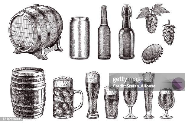 vector drawings of beer related items - beer bottle stock illustrations