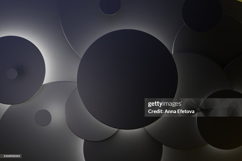Abstract 3D background made of black circles with neon backlights. Scene for showcasing your product and design