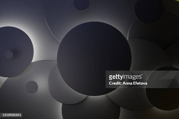 abstract 3d background made of black circles with neon backlights. scene for showcasing your product and design - sports round stock-fotos und bilder