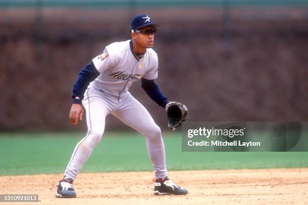 Andujar Cedeno of the Houston Astros in position during a baseball game against the Chicago Cubs on April 19, 1994 at Wrigley Field in Chicago,...