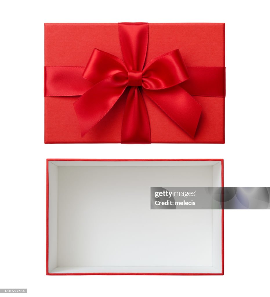 Open rectangular red gift box and lid with red ribbon bow cut out on white background