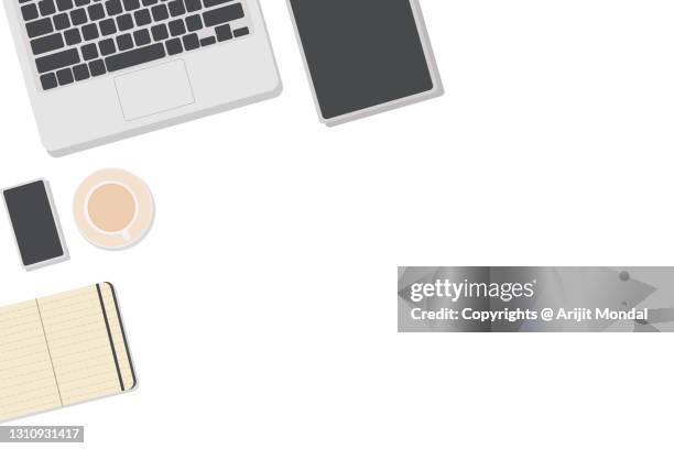 cloud computing cross devices business concept vector illustration with laptop, smartphone, tablet, tea, notepad flay lay - e commerce vector stock pictures, royalty-free photos & images