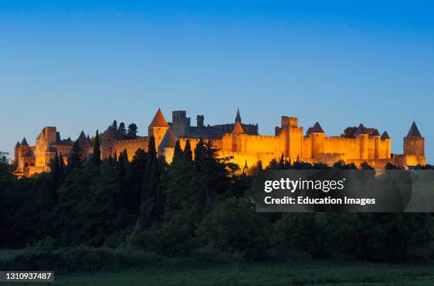 Carcassonne, Languedoc-Roussillon, France. The medieval city at dusk. The Cite de Carcassonne is a UNESCO World Heritage Site.